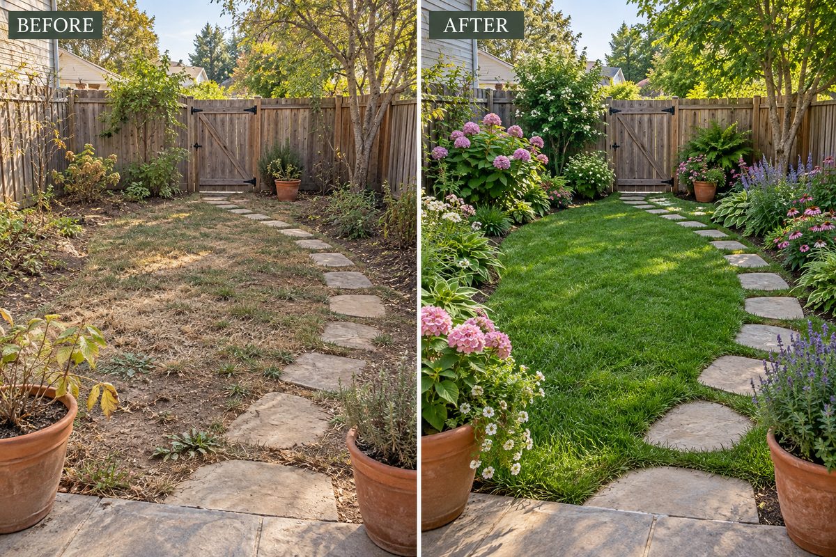 Dry, patchy yard to a lush garden: before and after