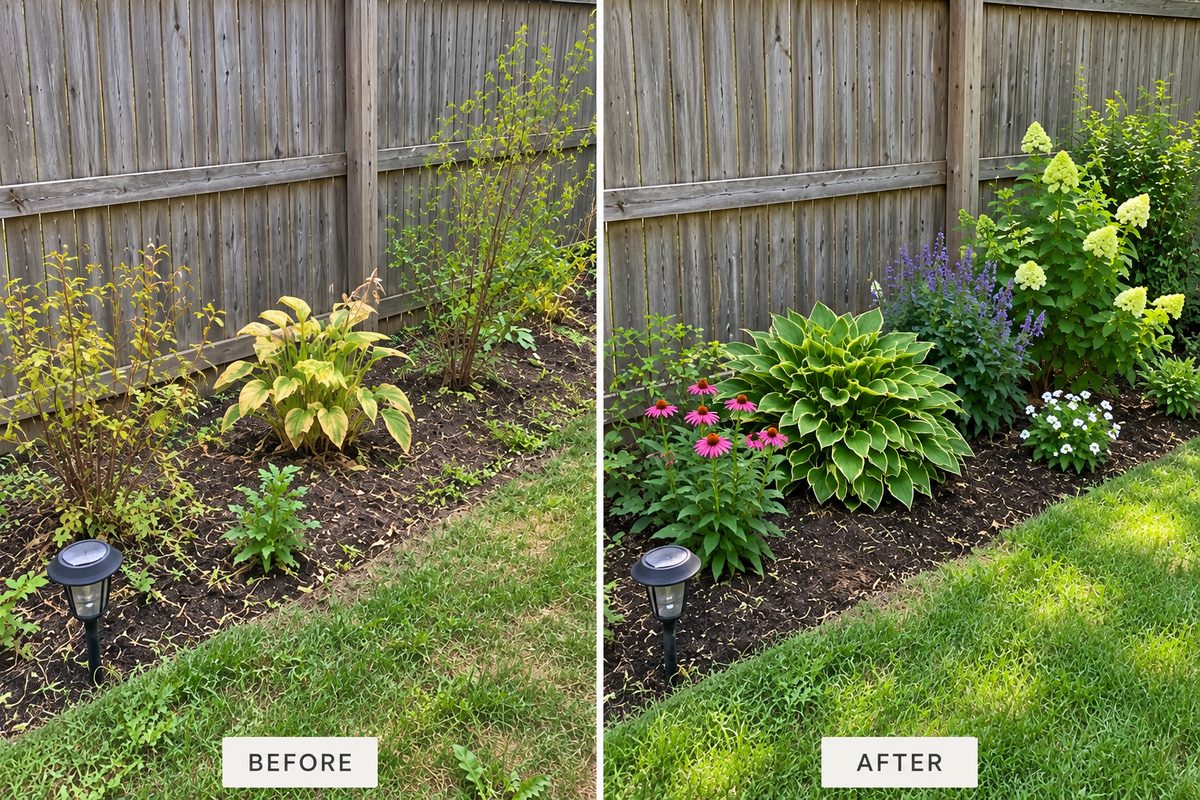 Tired border to a full, flowering bed: before and after