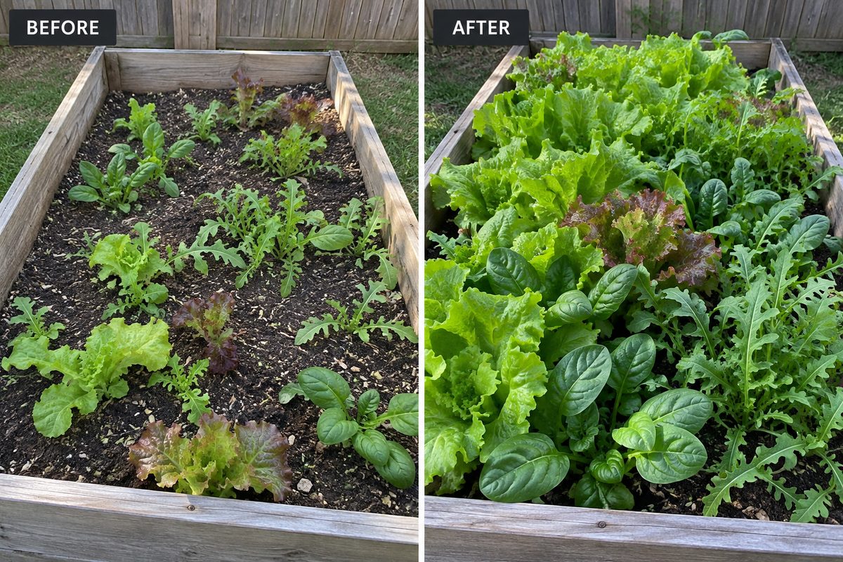 Sparse seedlings to a packed salad bed: before and after