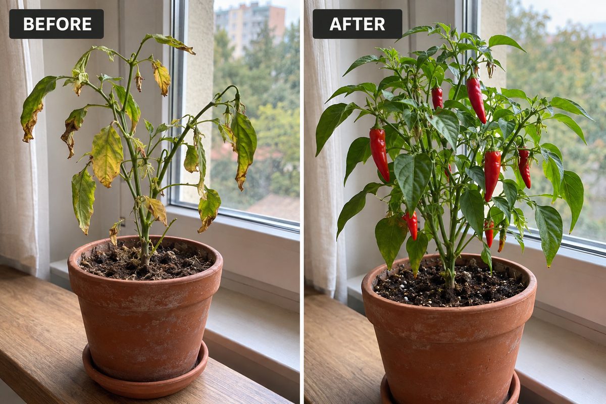Drooping pepper to a plant full of chilies: before and after