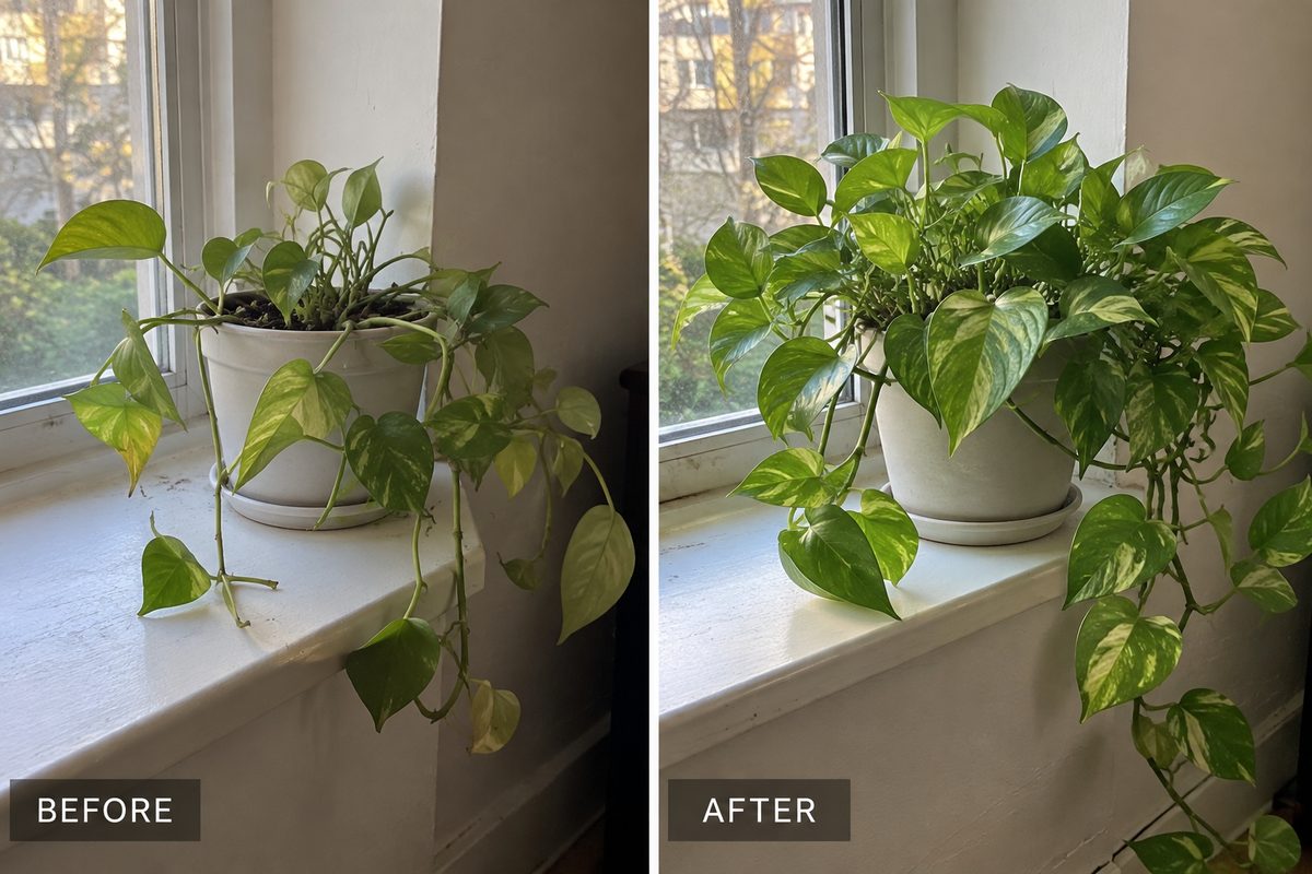 Leggy houseplant to a full, glossy pothos: before and after