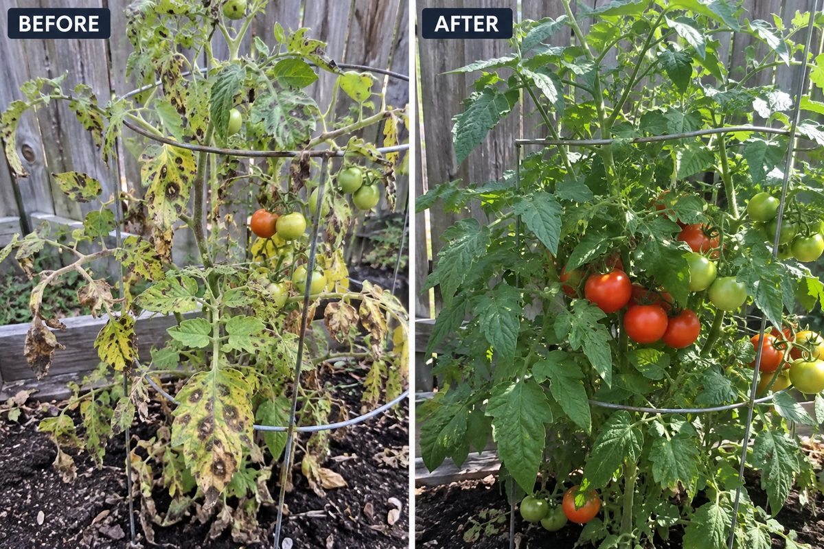 Spotty, struggling tomato to a loaded plant: before and after